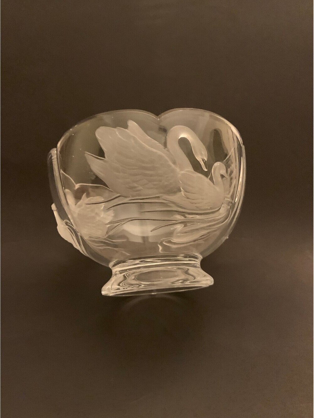 Vintage 24% Lead Crystal Footed Etched Bowl with Triple Swan Pair Design